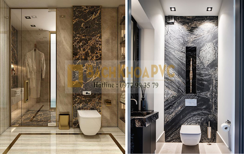 So sánh tấm PVC vân đá hoa cương và đá thật trong ứng dụng trang trí phòng tắm 1
