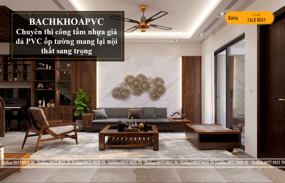 Sự kết hợp tấm PVC vân đá và tấm nhựa giả gỗ tạo nên nội thất phong cách tân cổ điển sang trọng