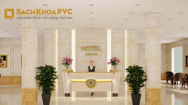 Thi công trang trí sảnh khách sạn cao cấp bằng tấm PVC vân đá thẩm mỹ cao